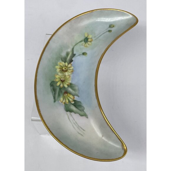 Hand-Painted Schumann Arzberg Bavaria Germany Crescent Signed Yellow Floral Gold - Picture 1 of 6